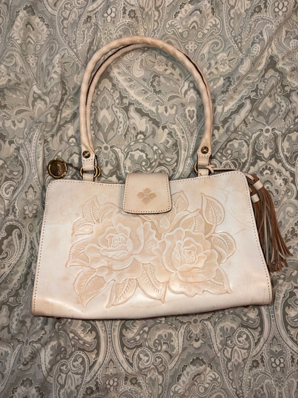 Patricia Nash Cream Floral Embossed Leather Shoulder Bag 10th Anniversary